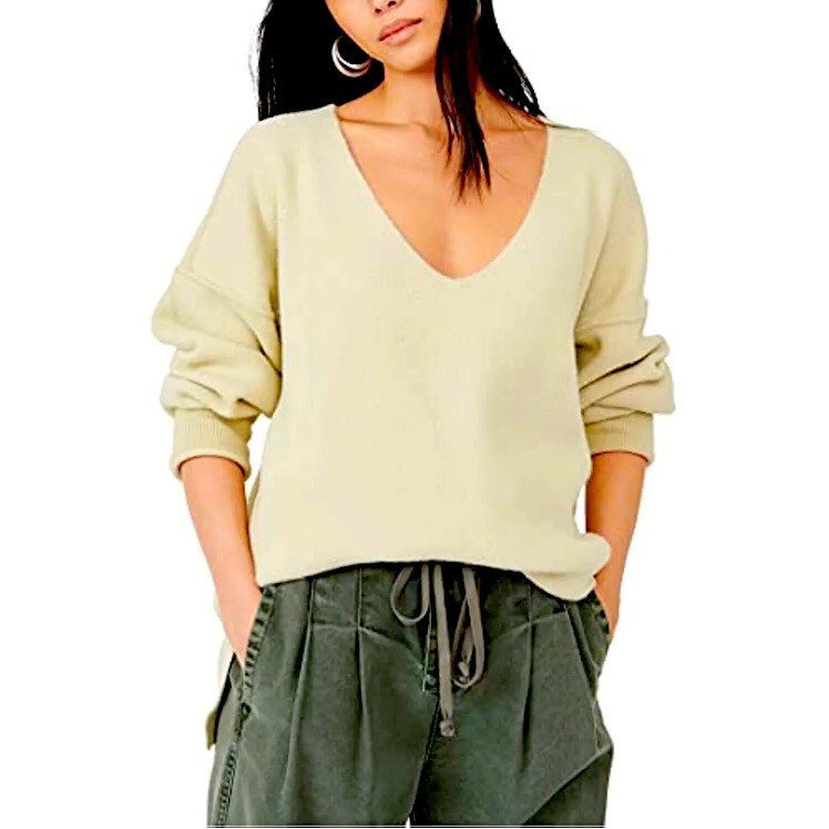 Free People Sweater Weather V Neck In Marzipan Combo New $128 Size Xl